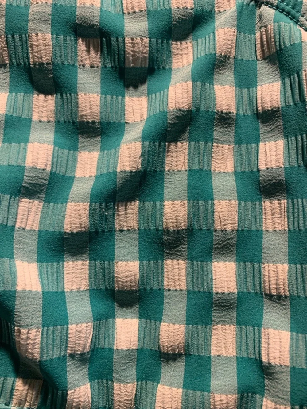 Girls textured seersucker swimsuit with teal and white gingham pattern size 8